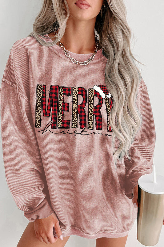 MERRY Christmas Plaid Leopard Corded Sweatshirt
